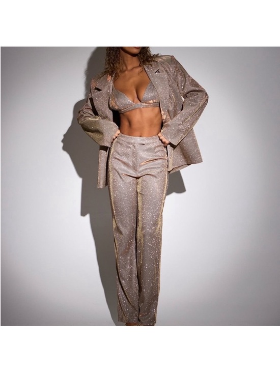 SLA The Label Pants - Sparkle Wide-Leg Trousers in Champagne and bra set